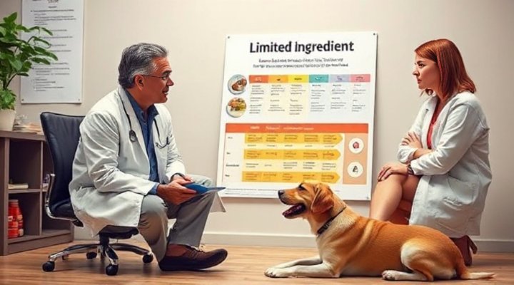A friendly veterinarian explaining limited ingredient dog food benefits to a pet owner