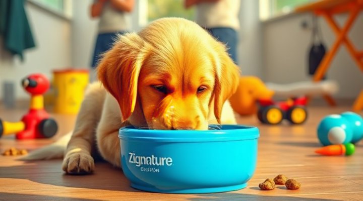A cute dog happily eating Zignature dog food from a colorful bowl during training