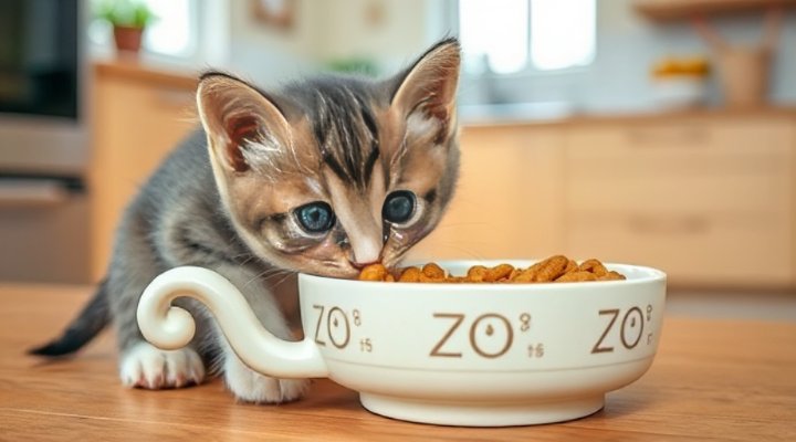 A kitten enjoying a balanced meal from a food bowl