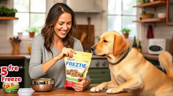 A smiling pet owner carefully measuring freeze dried raw dog food for their eager golden retriever