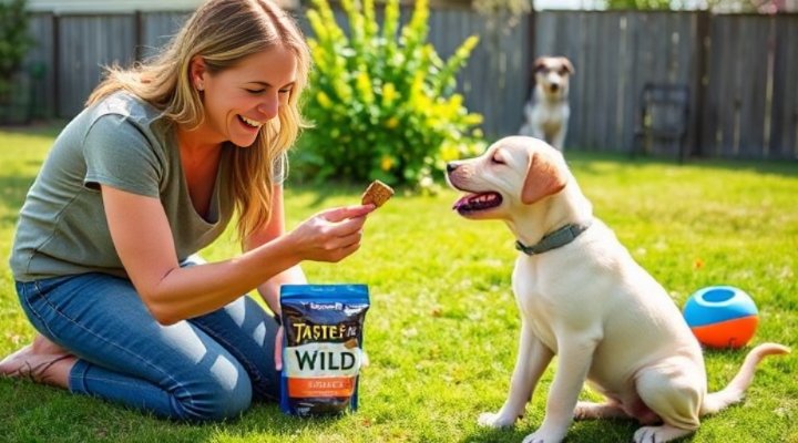 A caring owner rewarding a playful Labrador puppy with Taste of the Wild treats for good behavior during training