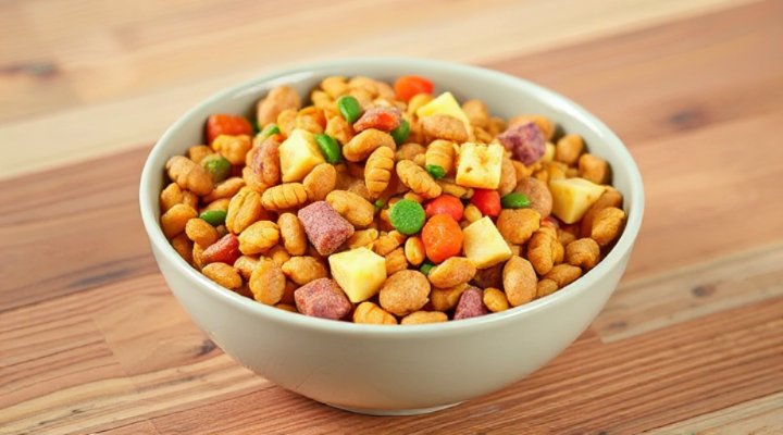 A bowl of high-quality cat food containing a mix of proteins, vitamins, and minerals for optimal feline health