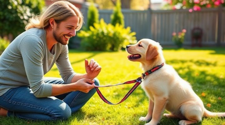 A cheerful owner and their adorable golden retriever puppy beginning obedience training in a bright backyard