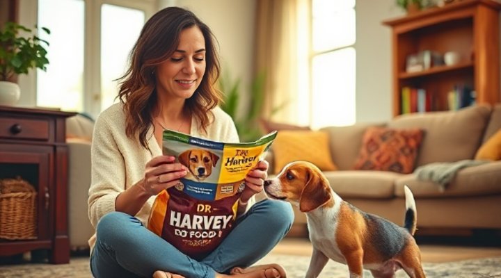 A pet owner carefully reading Dr Harvey dog food labels to learn about holistic nutrition