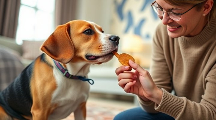A caring person using a treat to guide a senior dog in a low-impact training session