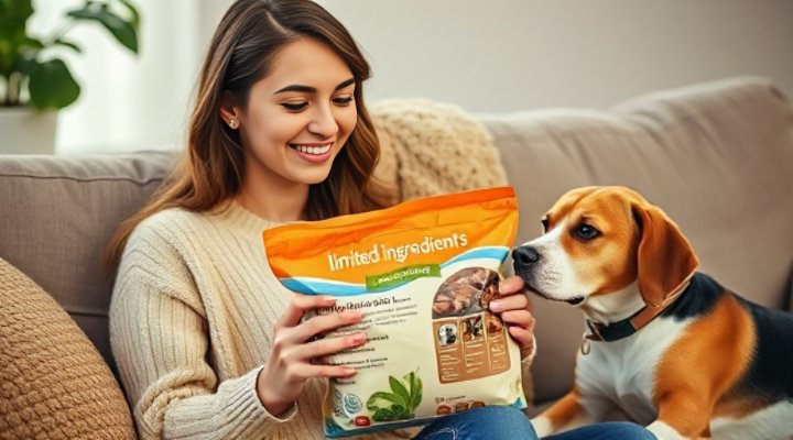 A caring pet owner carefully reading the ingredient label on a bag of limited ingredient dog food