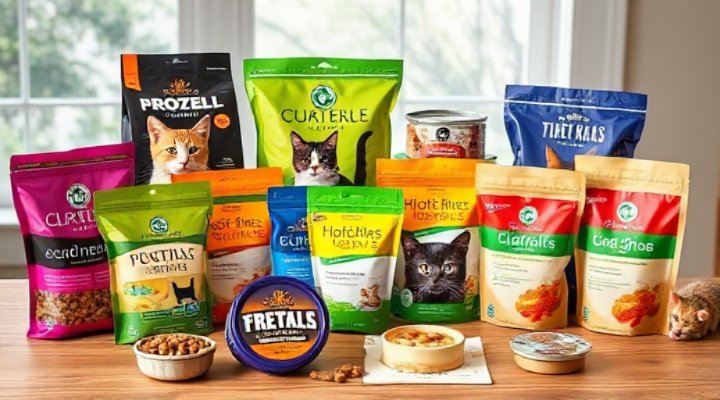 An assortment of high-quality cat foods and treats arranged neatly, highlighting options for nutrition-based training