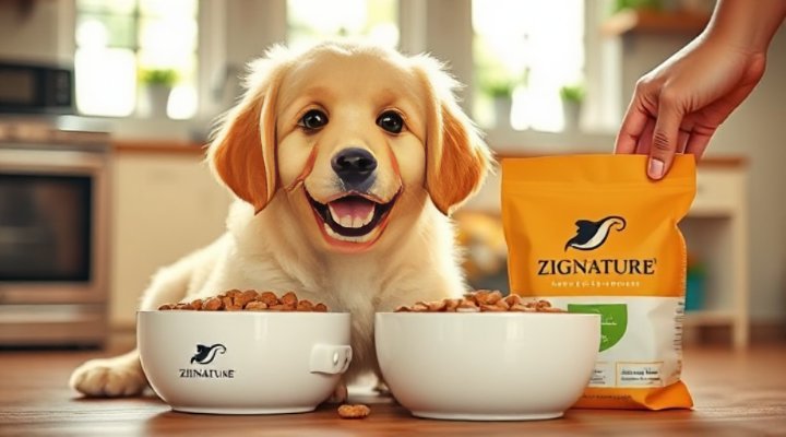 A cheerful golden retriever enjoying Zignature dog food for allergy management