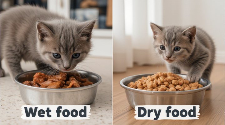 Side-by-side comparison of wet and dry kitten food for growth