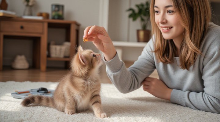 Kitten learning sit command with food reward in a positive training session