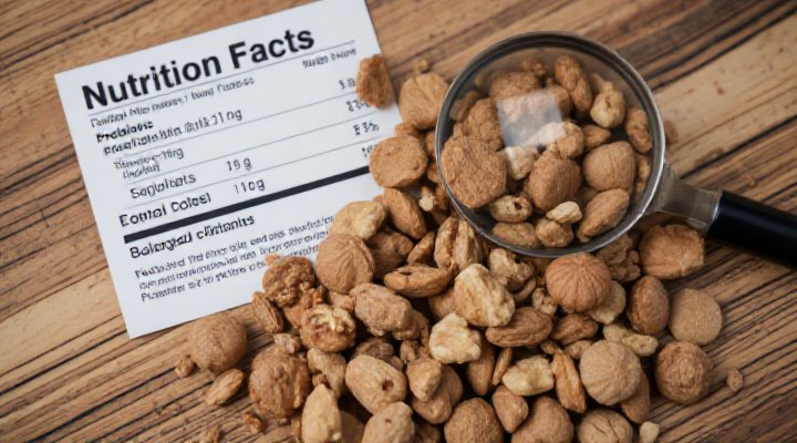 Detailed view of dry cat food kibble and nutritional information