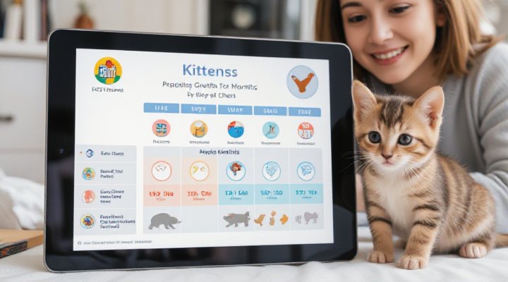 Infographic showing kitten growth stages and skill development with proper nutrition