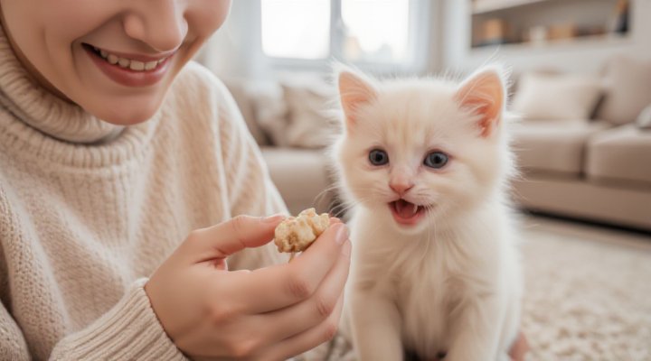 Caring person hand-feeding a joyful kitten with growth-supporting food