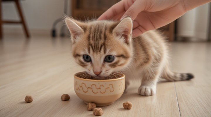 Adorable kitten enjoying high-quality food during a training session