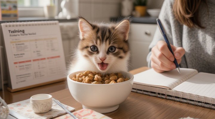 Kitten eating a nutritious meal while owner plans training activities