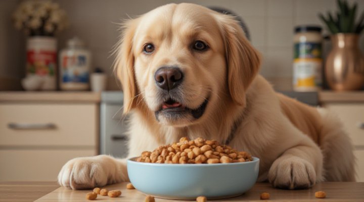 Cute golden retriever happily eating low fat dog food from a ceramic bowl