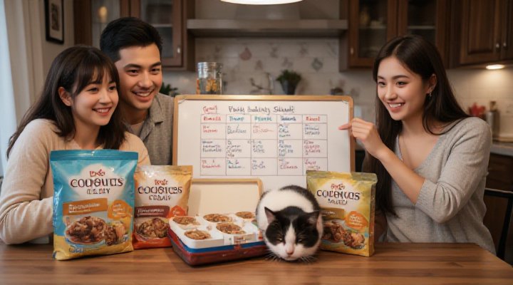 Family using cat food delivery to create a feeding routine and build organizational skills