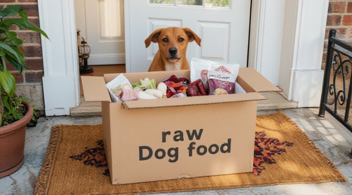 A doorstep delivery box of raw dog food with fresh ingredients visible, ready for a dog owner to use