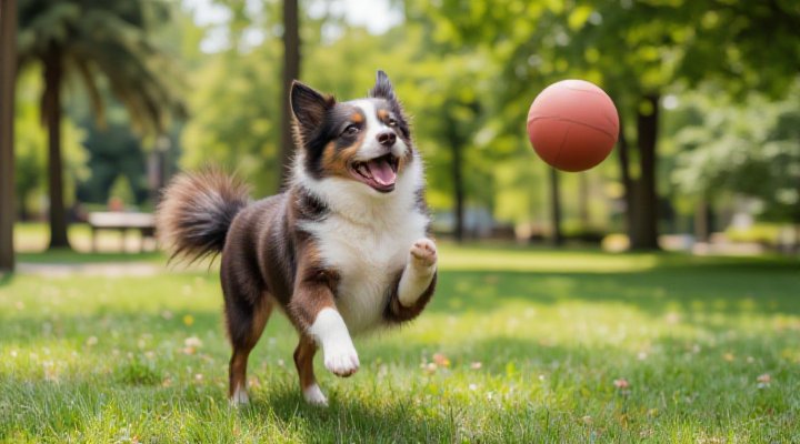 Energetic border collie playing fetch in sunny park after healthy low fat diet