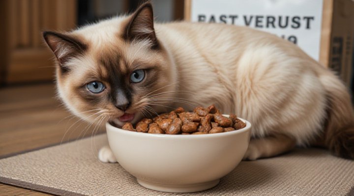 A healthy, playful cat eating from a bowl filled with food from a delivery service