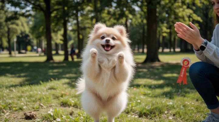 A dog and owner celebrating after a successful training session
