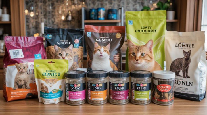 Assortment of premium dry cat food brands displayed for nutritional comparison