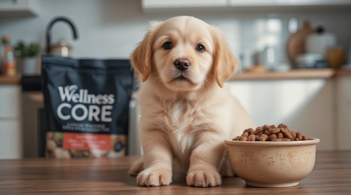 A cute golden retriever puppy happily eating Wellness Core dog food from a ceramic bowl, showcasing the benefits of premium nutrition for professional development strategies