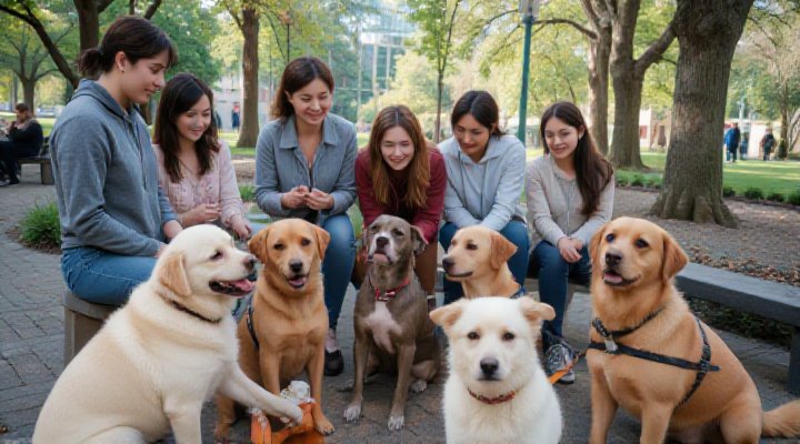 A diverse group of happy dogs and their owners participating in a training session, using Wellness Core dog food to enhance learning and professional development skills