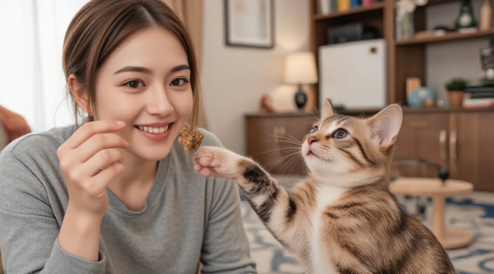 A caring owner using dry cat food as a reward in a training activity
