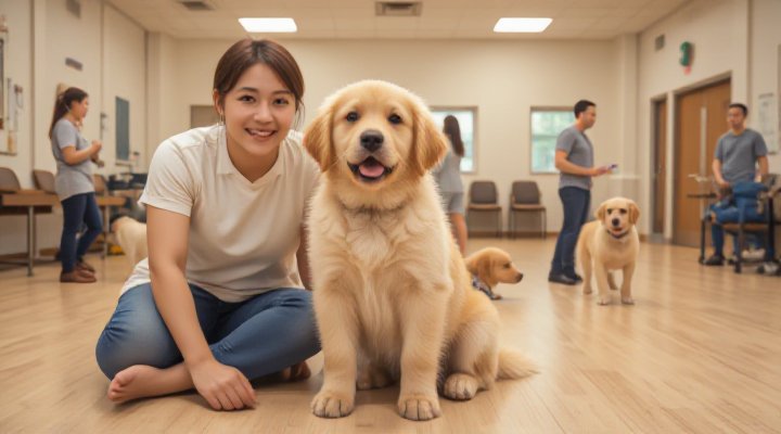 A joyful dog and owner participating in a local dog training class for skill building