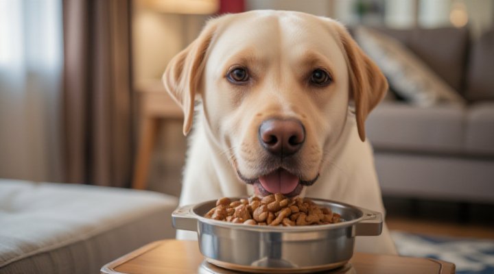 Sweet senior Labrador enjoying specially formulated low fat dog food for older dogs