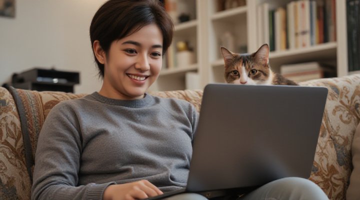 A caring person using a laptop to set up a cat food delivery subscription while their cat watches