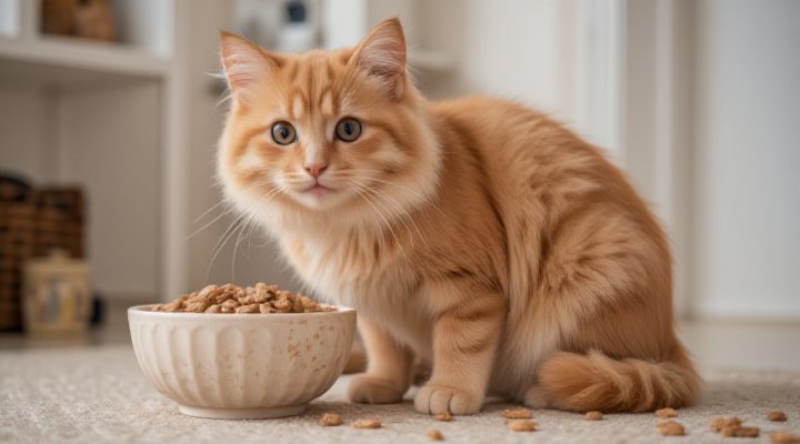 Cat enjoying dry cat food with a clean bowl
