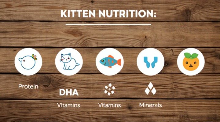 Infographic showing essential nutrients like protein, DHA, and vitamins for kitten development