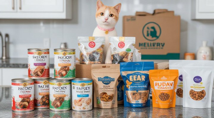 Assortment of high-quality cat food products delivered to a home, including wet and dry options