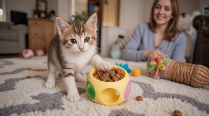 Kitten playing with a food puzzle toy to develop problem-solving skills