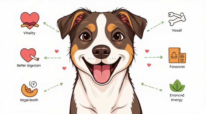 Infographic-style image showing the health benefits of raw dog food, such as shiny coat and improved digestion