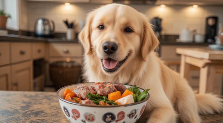 A cute golden retriever happily eating a bowl of fresh raw dog food with meat and vegetables