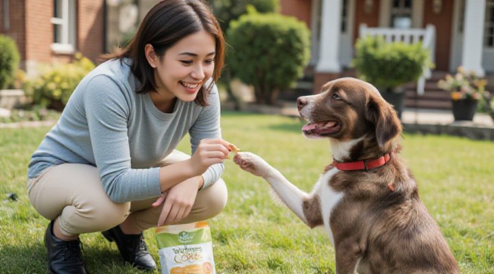 A caring owner and their adorable dog engaging in training exercises using Wellness Core dog food as rewards for skill building and professional development