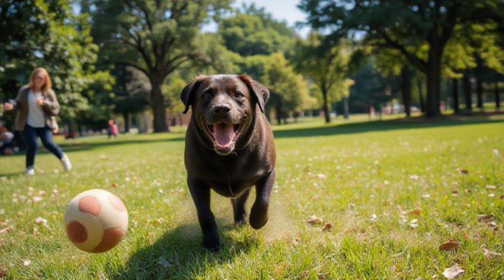 An energetic dog playing fetch in a park, showing vitality from a raw food diet