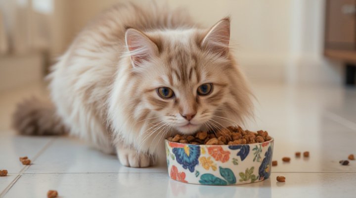 A cute cat enjoying dry cat food during a feeding routine