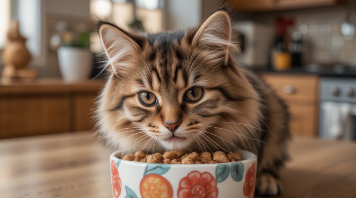 Adorable tabby cat enjoying high-quality dry cat food from a ceramic bowl