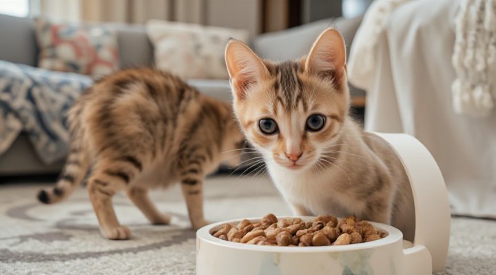 A cat showing adaptability by exploring a new feeding setup with dry food