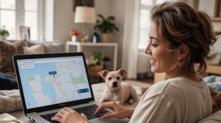 A person researching local dog training classes on a laptop with a curious dog nearby