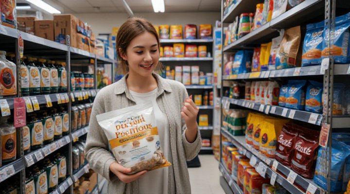 Person carefully choosing dry cat food from a shelf with various brands