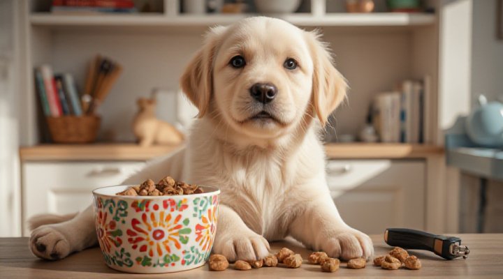 A cute dog enjoying good dog food for training and skill development in a bright kitchen
