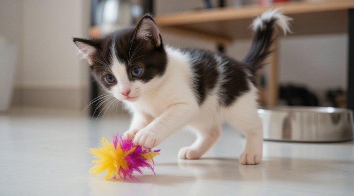 Energetic kitten playing with a toy, showing vitality from proper nutrition