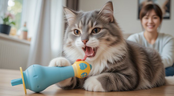Cat engaging in playful activity that supports dental health post-meal