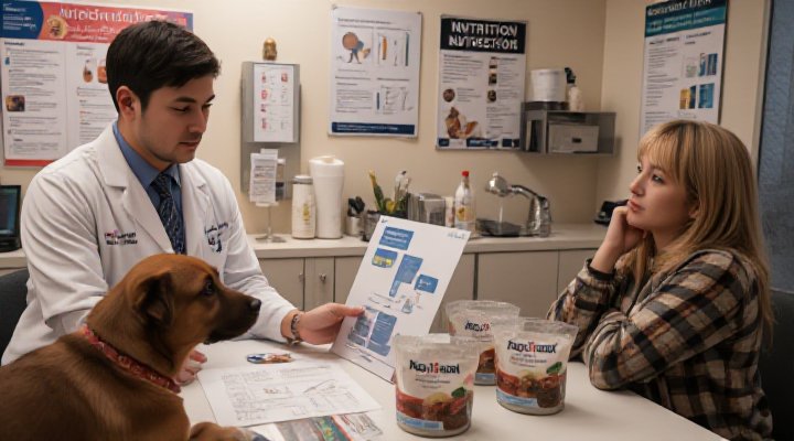 Professional veterinarian discussing low fat dog food options with attentive pet owner