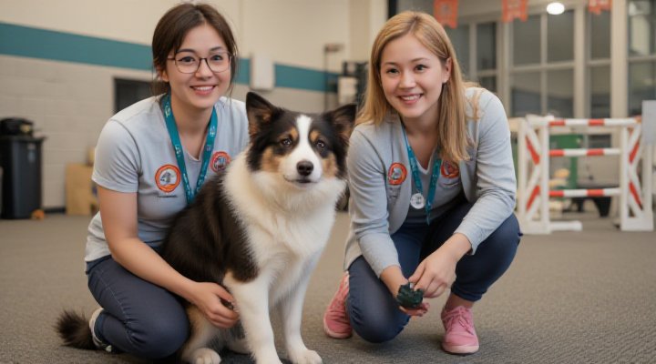 A certified pet trainer displaying credentials and working with a well-behaved dog in a training facility